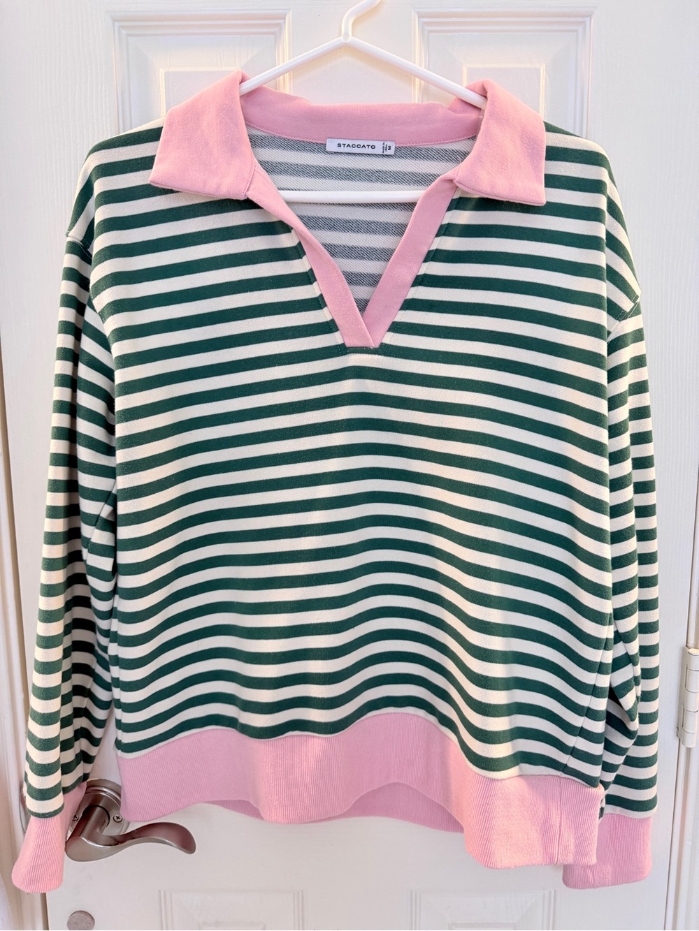 Staccato Green & White Striped V-Neck Sweater with Pink Trim